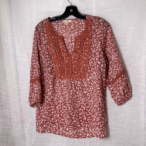 Y2K COMO blouse,women S, boho ,EC,Embroidered,cut outs, yoke,festival,pink/rust - Picture 3 of 16